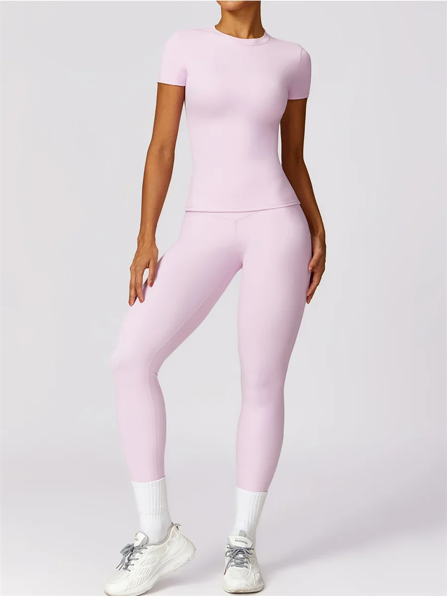 Seamless Yoga Set Women Pink Short Sleeve Top with High Waist Leggings Two Piece Workout Clothes Sports Fitness Gym Sets