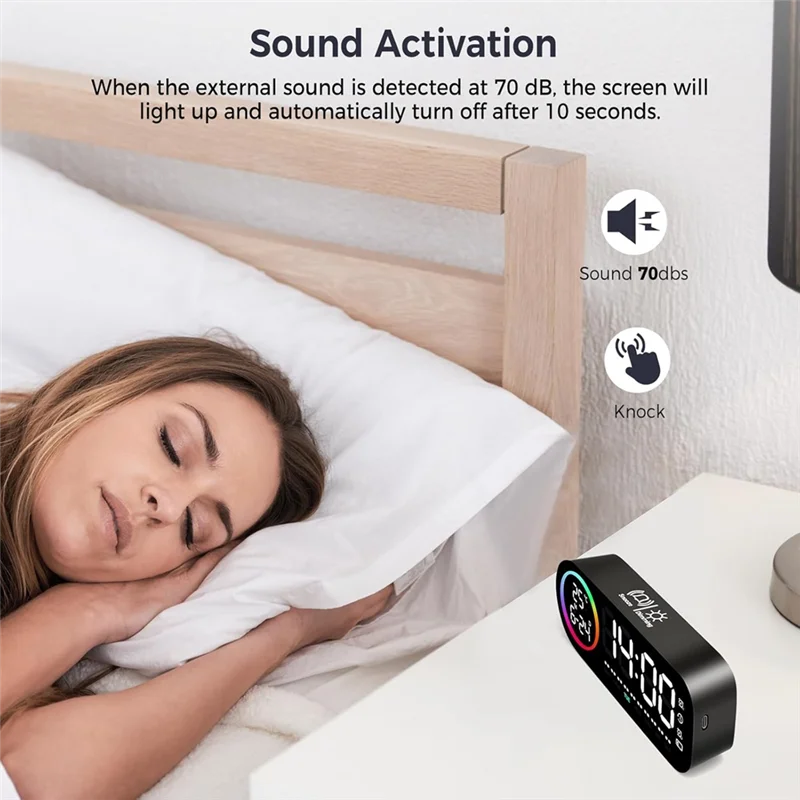 

B84B-Digital Alarm Clock With 7 Color Night Light, 4 Brightness Levels, Large LED Temperature Display, Voice Control, 12/24H