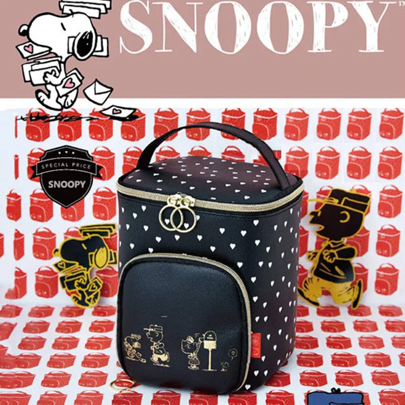 Snoopy Kawaii Store Travel Wash Bag Black Leather Pu Material Large Capacity Cosmetic Bag Convenient Portable Cosmetic Case