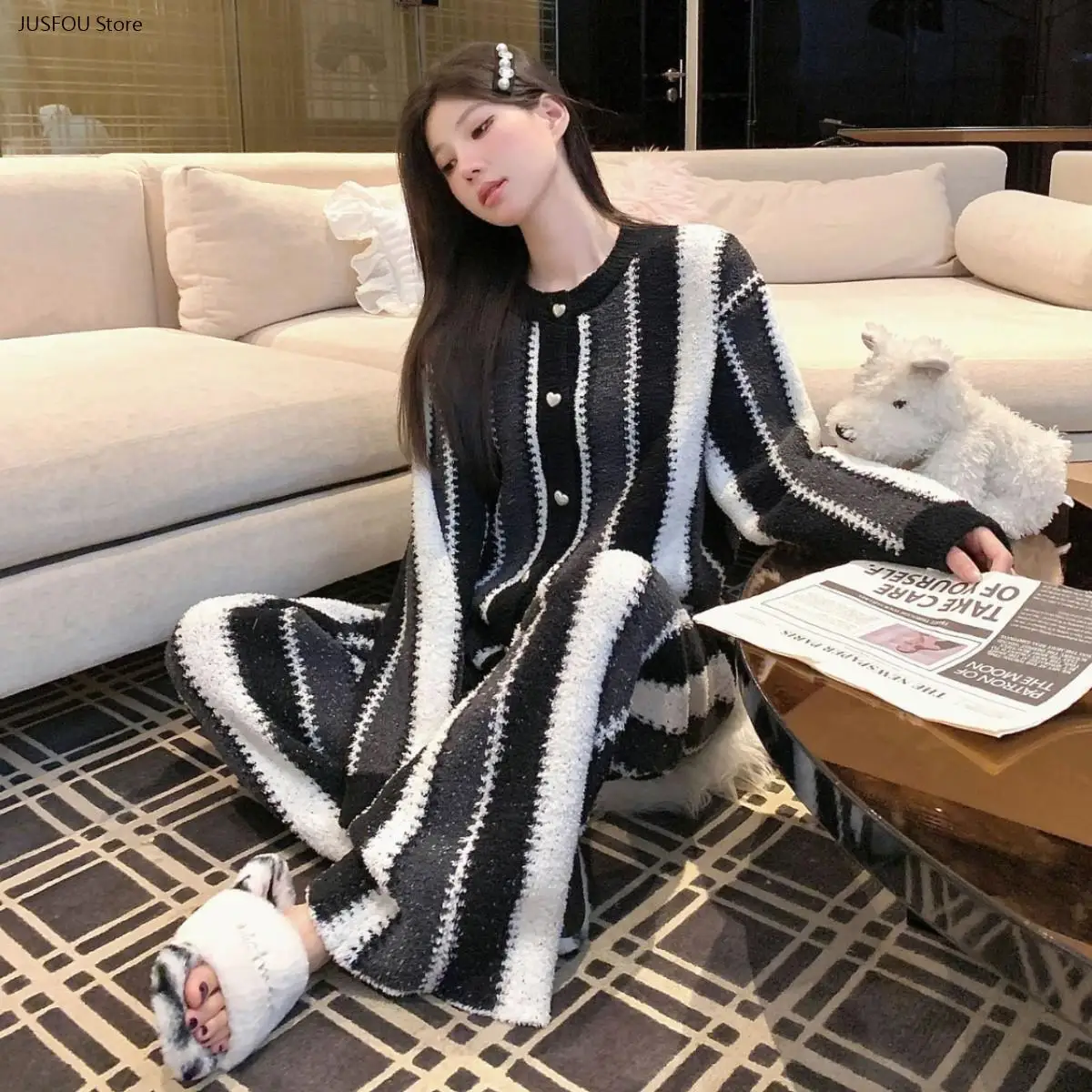 Women Winter Half Sided Fleece Pajama Set Loose Round Neck Open Front Simple Soft Warm Casual Loungewear Sleepwear Suit