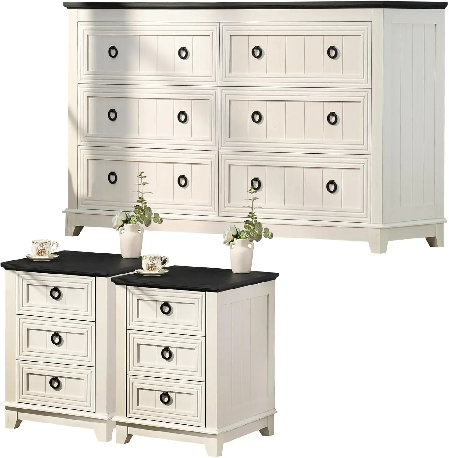 Farmhouse Dresser and Nightstand Sets 3 Piece, Nightstands Set of 2 and 6 Drawers Dresser for Bedroom, 58