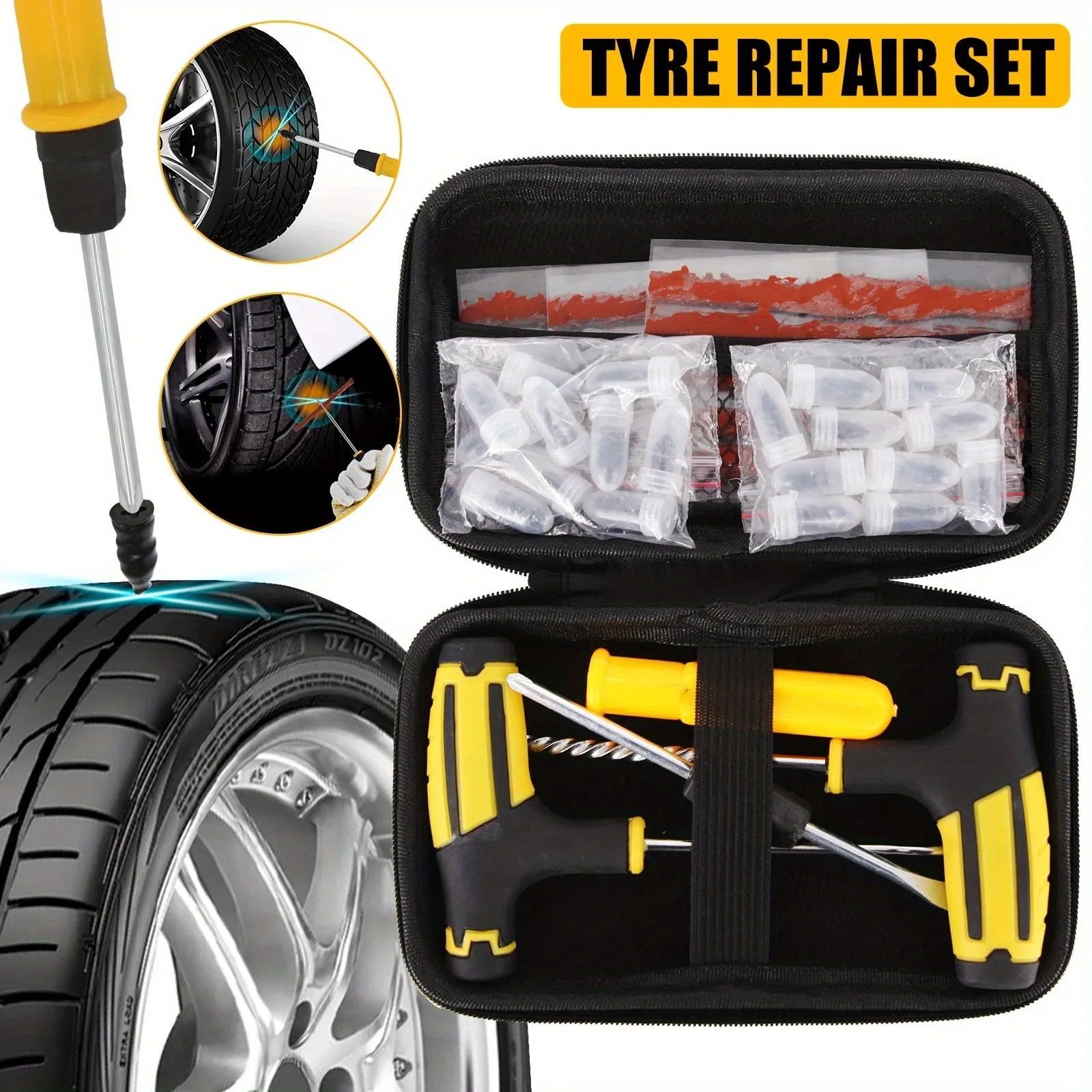 Emergency Tire Repair Kit - Universal Manual Tools with Repair Strips & Storage Box for Car Motorcycle Bicycle
