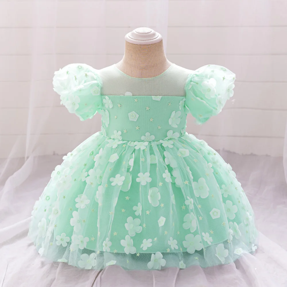 Toddler Baby Flower Party Dress Puff Sleeve Floral Baptism Wedding 1st Birthday Bow Lace Princess Dress for Baby Girls Prom Gown