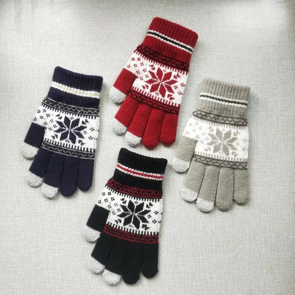 Warm Knitted Snowflake Winter Knitted Gloves Touch Screen Thickened Full Finger Mittens Skiing Gloves Winter