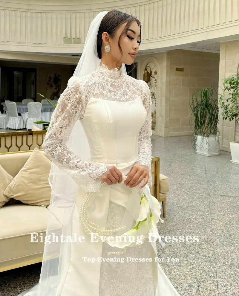 فستان زفاف عربي Eightale برقبة عالية دانتيل مخصص من الساتان بأكمام طويلة فستان زفاف إسلامي حورية البحر فستان حفلات العروس #3