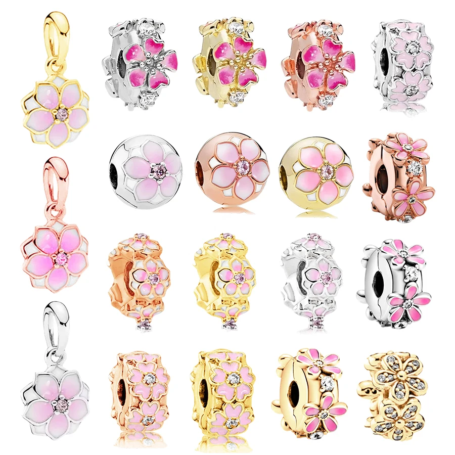 

2025 NEW DIY Making Pink Daisy Spacer Clip & Cherry Blossom Pendant Dangle Charm Beads Fit Original Silver Bracelet Jewelry Gift