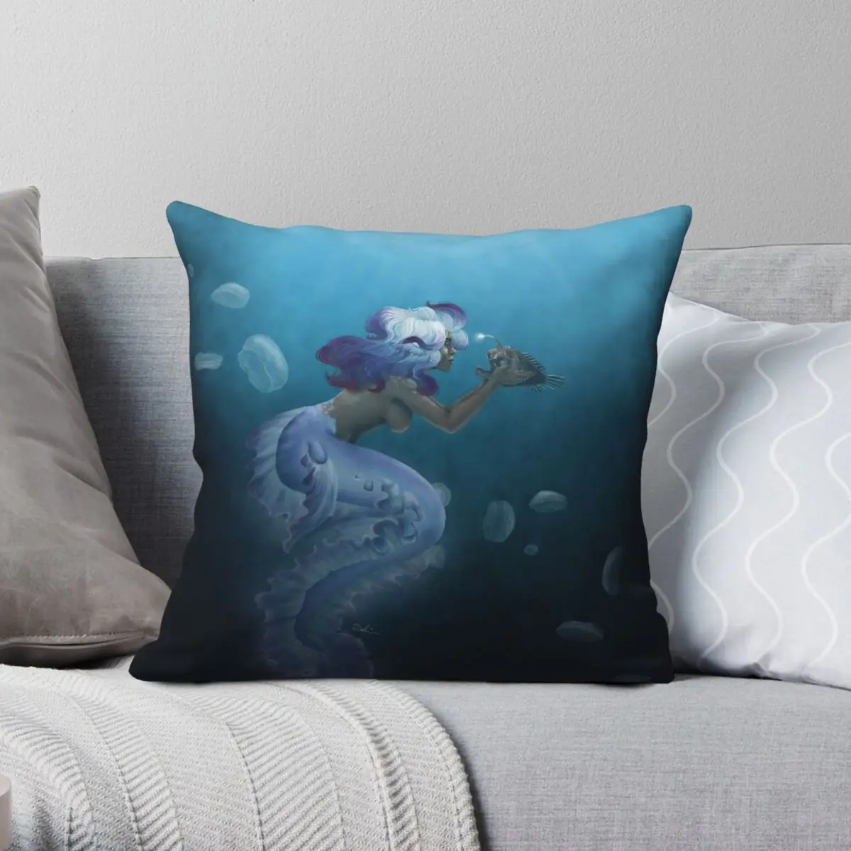 Mermaid Anglerfish Square Pillowcase Polyester Linen Velvet Creative Zip Decorative Pillow Case Home Cushion Cover