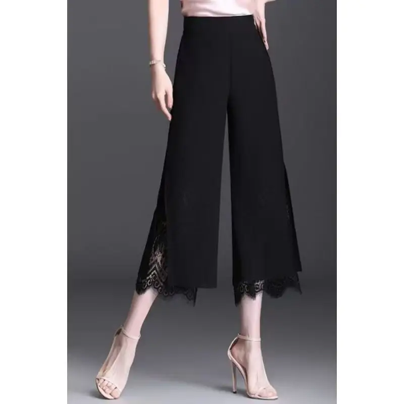 Women's 2024 Spring Summer New Fashion Spliced Lace Hollow Out Elastic High-waisted Solid Color Straight Chiffon Wide-leg Pants