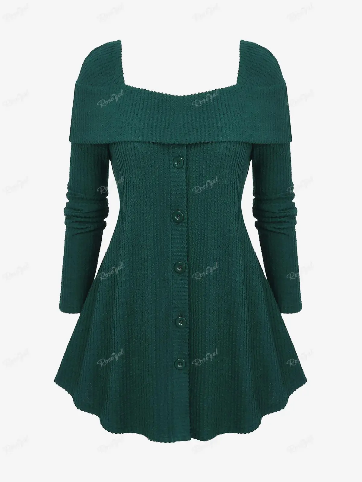 ROSEGAL-Plus Size Ribbed Sweater with Buttons, Deep Green Pullovers, Square Neck, Textured, Turn-Down Collar, Casual Costume