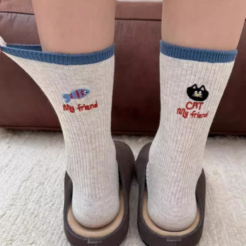 المطرزة هريرة الأطفال منتصف جوارب أنبوبية الربيع والخريف لطيف الكرتون جوارب قطنية Ins الرياضة المرأة جوارب أنبوبية طويلة #2