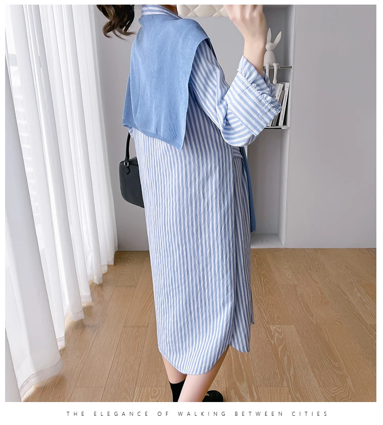 Autumn Maternity Cotton Clothes Long Loose Casual Shirts Side Split Turn-down Collar Button Pregnant Woman Striped Dress+Capes