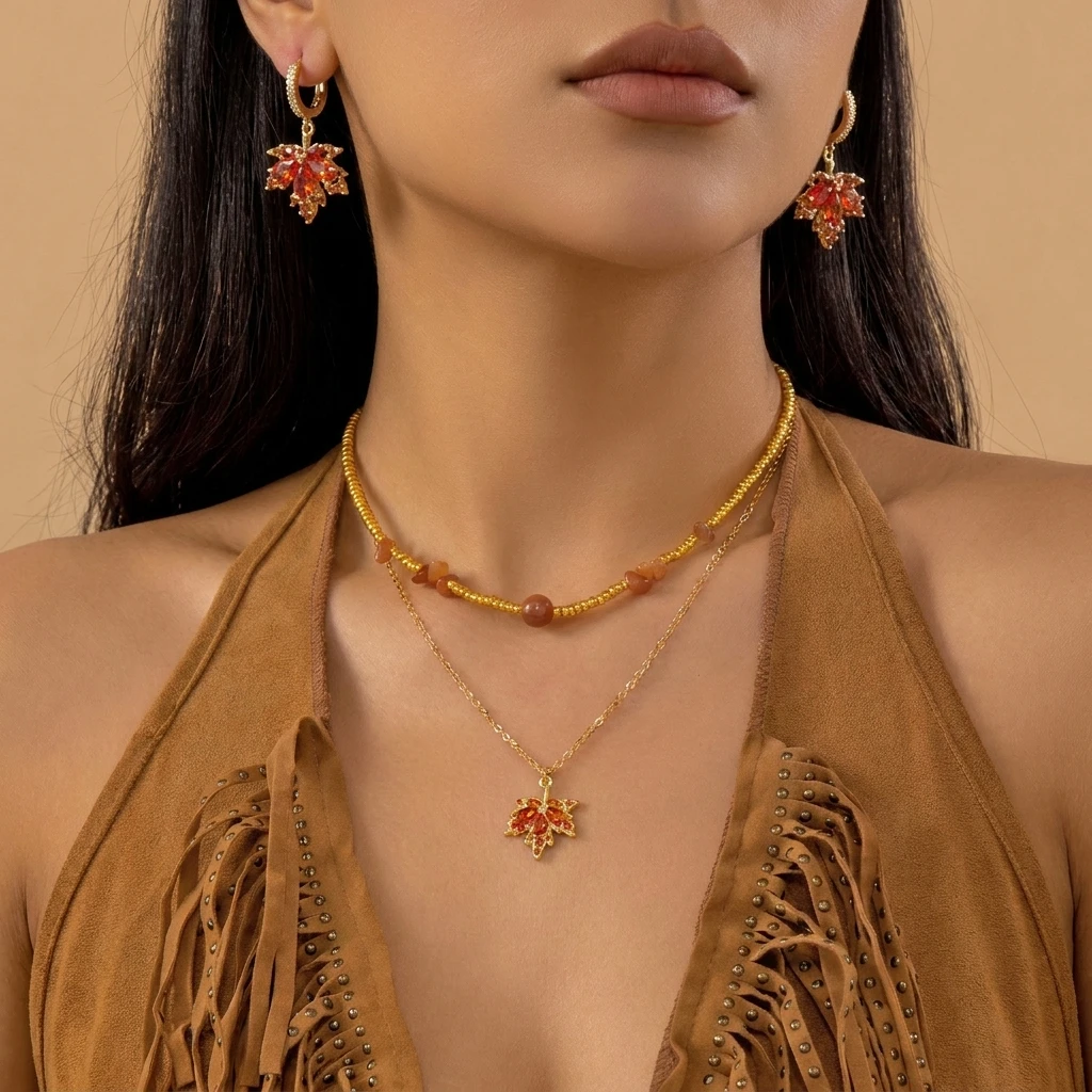 Boho Maple Leaf Jewelry Set For Women Red Zircon Maple Leaf Earrings Natural Stone Beaded Layered Necklace Autumn Fall Jewelry