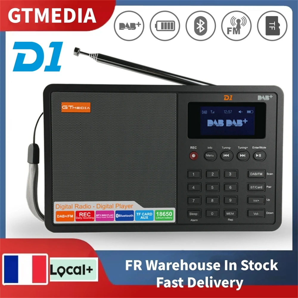 Radio numérique portable GTMEDIA D1 FM/DAB+ avec écran LCD de 1,8 pouces + entrée EDR/carte TF/AUX, enregistrement, horloge/réveil/minuterie de sommeil - En stock