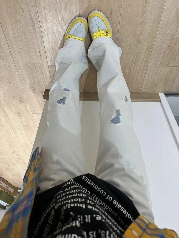 

Waed White ey Men's Jeans High Street American Sle Hole Design Straight Leg Bell Bot Trendy Cool Look Casual Pants