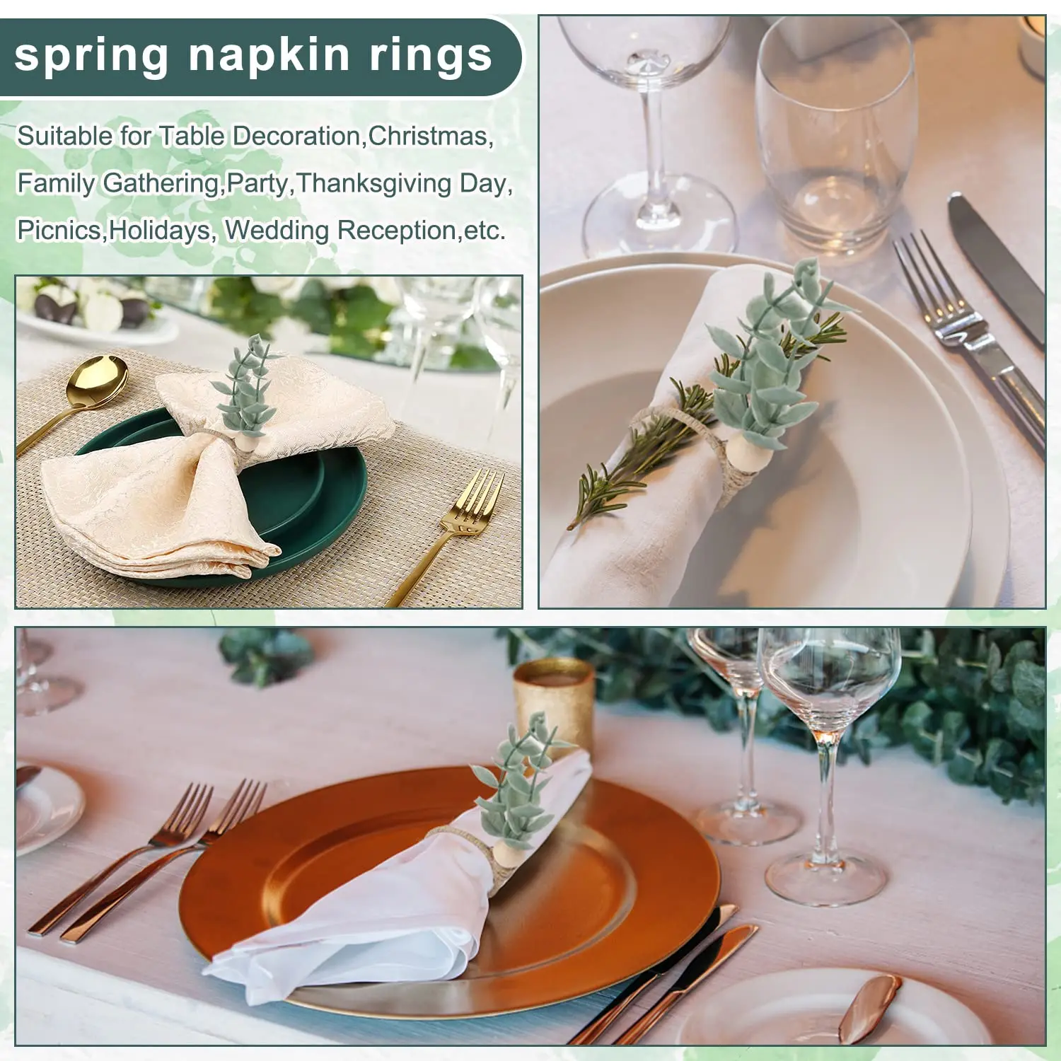 Farmhouse Napkin Rings Set, Wooden Napkin Rings, Rustic Green Leaf Napkin Rings, Eucalyptus, Spring