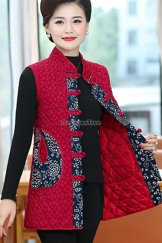 

2025 chinese retro national style thicked down vest stand collar sleeveless printed loose fashion tang suit chengsam vest top
