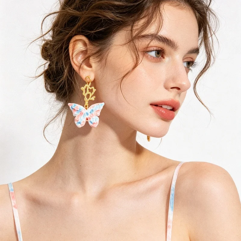 Pendientes Colgantes de Mariposa de Resina Pastel con Diseño de Rama de Coral Hueca Dorada y Mariposa Marmoleada Rosa y Azul para Mujer, Joyería de Primavera
