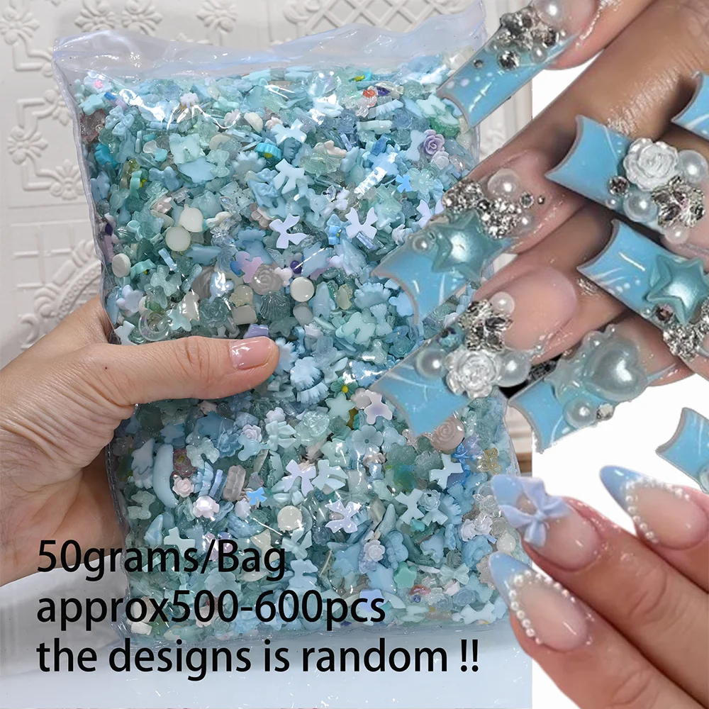 

50g/Bag Random Blue Mixed Bow/Flower Nail Art Charms 500-600pcs Resin Camellia/Bowknot Nails Decoration DIY Manicure Accessorie