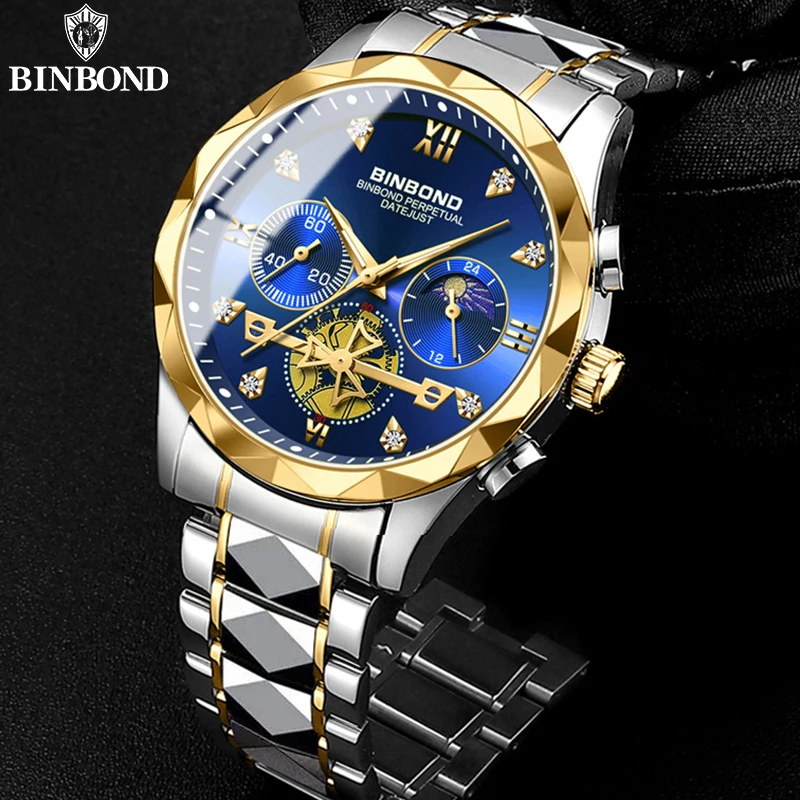 BINBOND Luxury Man Wristwatch Waterproof Luminous Chronograph Watch for Men Stainless Steel Men\'s Quartz Watches reloj hombre