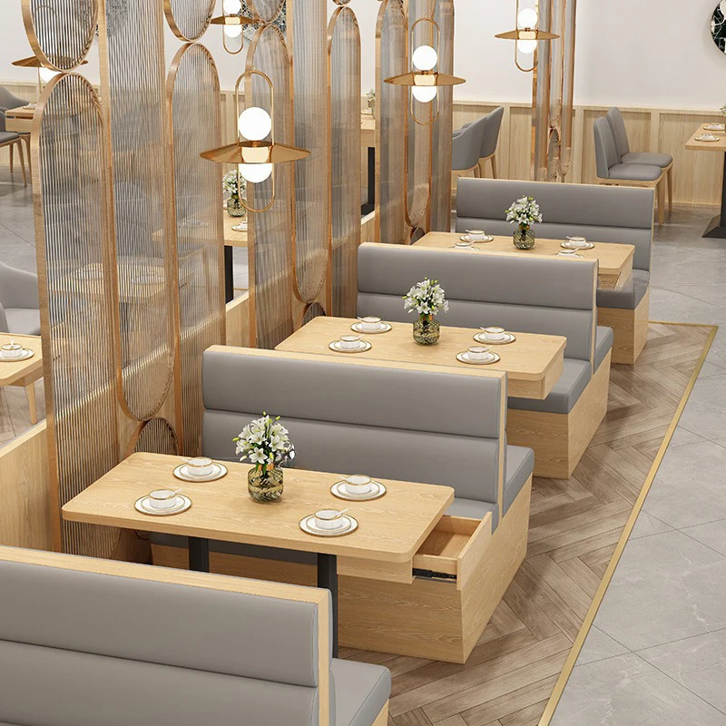 

Столы и стулья в скандинавском минималистичном стиле, мягкие диваны-кабинки для кафе с молочным чаем, обеденные группы из массива дерева для ресторанов.