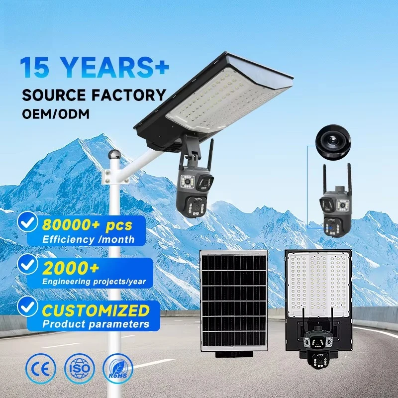 Integrated solar-powered IP65-class LED street light, with dual CCTV cameras, using ABS material, simulating security monitoring