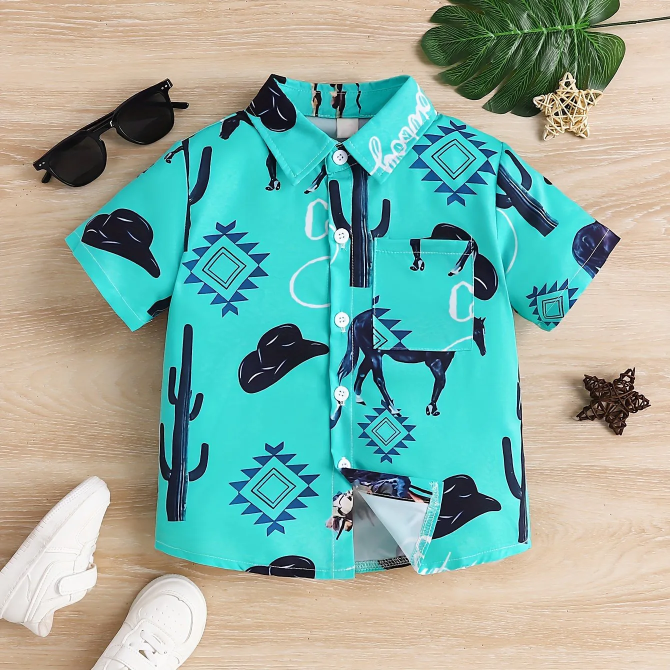 Boys Cartoon Animal Floral Pattern Cute Shirt Short Sleeve Casual Comfy Button Up Loose Breathable Summer Holiday Collar Shirt