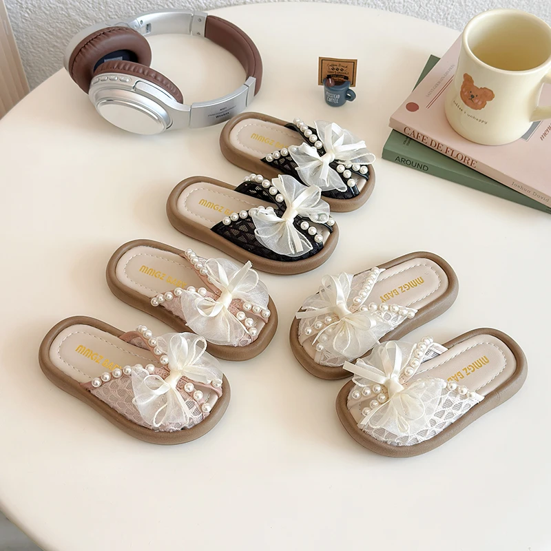 

2025 Summer New Children Princess Slippers for Girls Fashion Mesh Sandal Breathable Soft Bottom Anti-slippery Holiday Beach Shoe