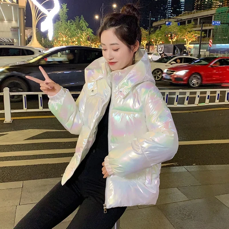 2023 New Winter Women Short Parkas Jackets Casual Female Thicken Warm Windprood Shiny Bright Bread Hooded Winter Jacket Coat