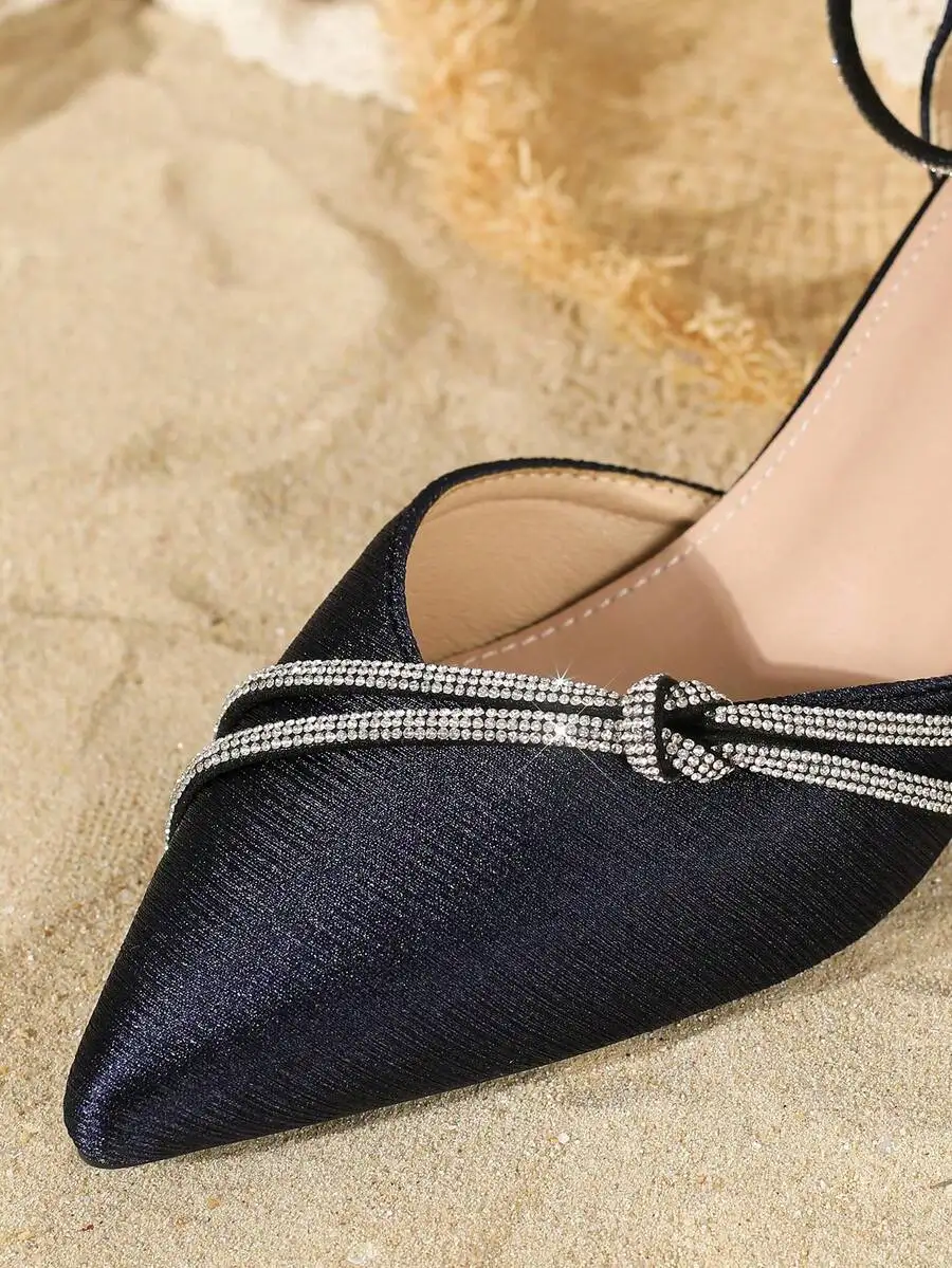 

Elegant Black Pointed Toe Pumps With Rhinestone Bow Detailing For Party Office Casual Wear