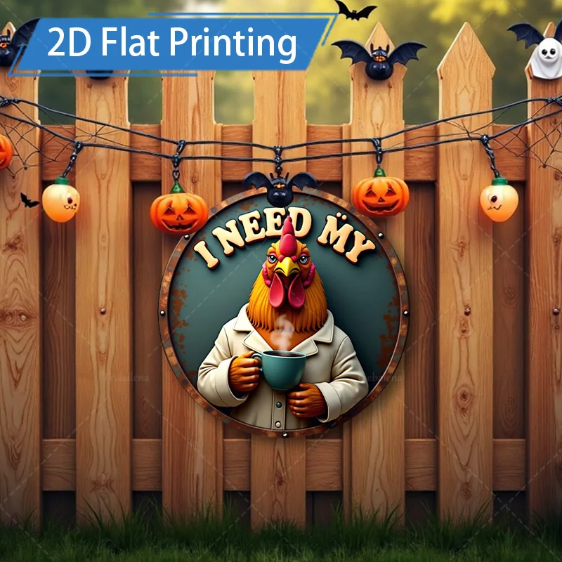1 قطعة 8x8 بوصة علامة معدنية للهالوين علامة معدنية للدجاج "أنا بحاجة إلى قهوتي" فن جداري مزخرف