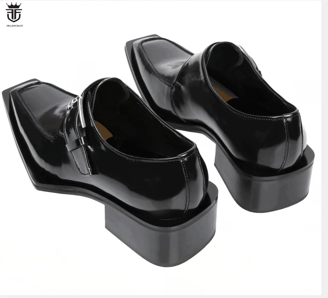 FR.LANCELOT men patent Leather dress Shoes with Chains Square Toe Men Business Leather Shoes thick heel Man wedding party shoes