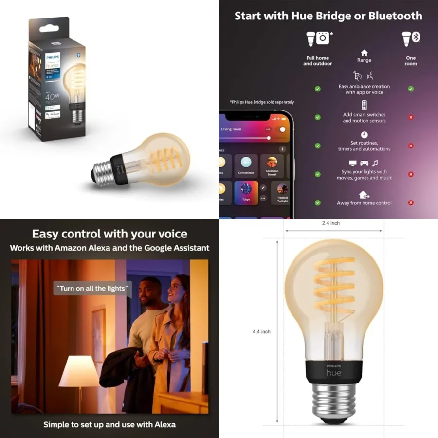 

Smart 0W A9 Filament LED Bulb - White Ambiance Warm-to-Cool White Light - - 550LM - E6 - Indoor - Control with Hue App - Works