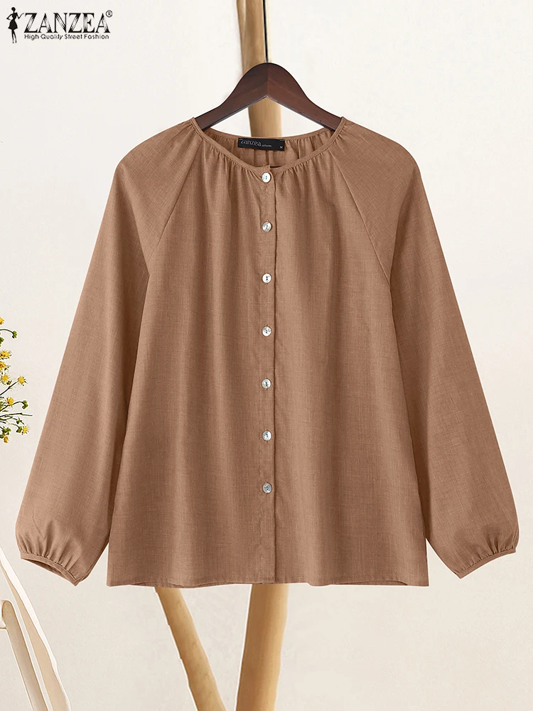 

2025 ZANZEA Women Autumn Blouse Casual O Neck Long Sleeve Tops Elegant Solid OL Work Shirt Buttons Down Blusas Oversize Chemise