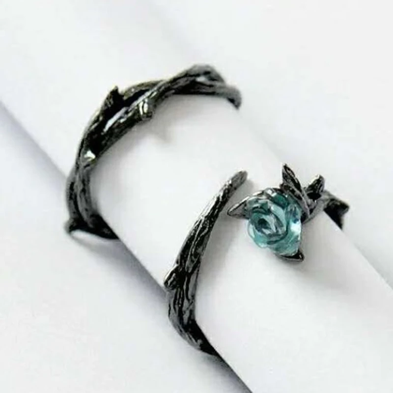 Gothic BLack Thorns Punk Couple Rings Paired Blue Crystal Rose Statement Finger Ring for Men Women Best Friends Fashion Jewelry