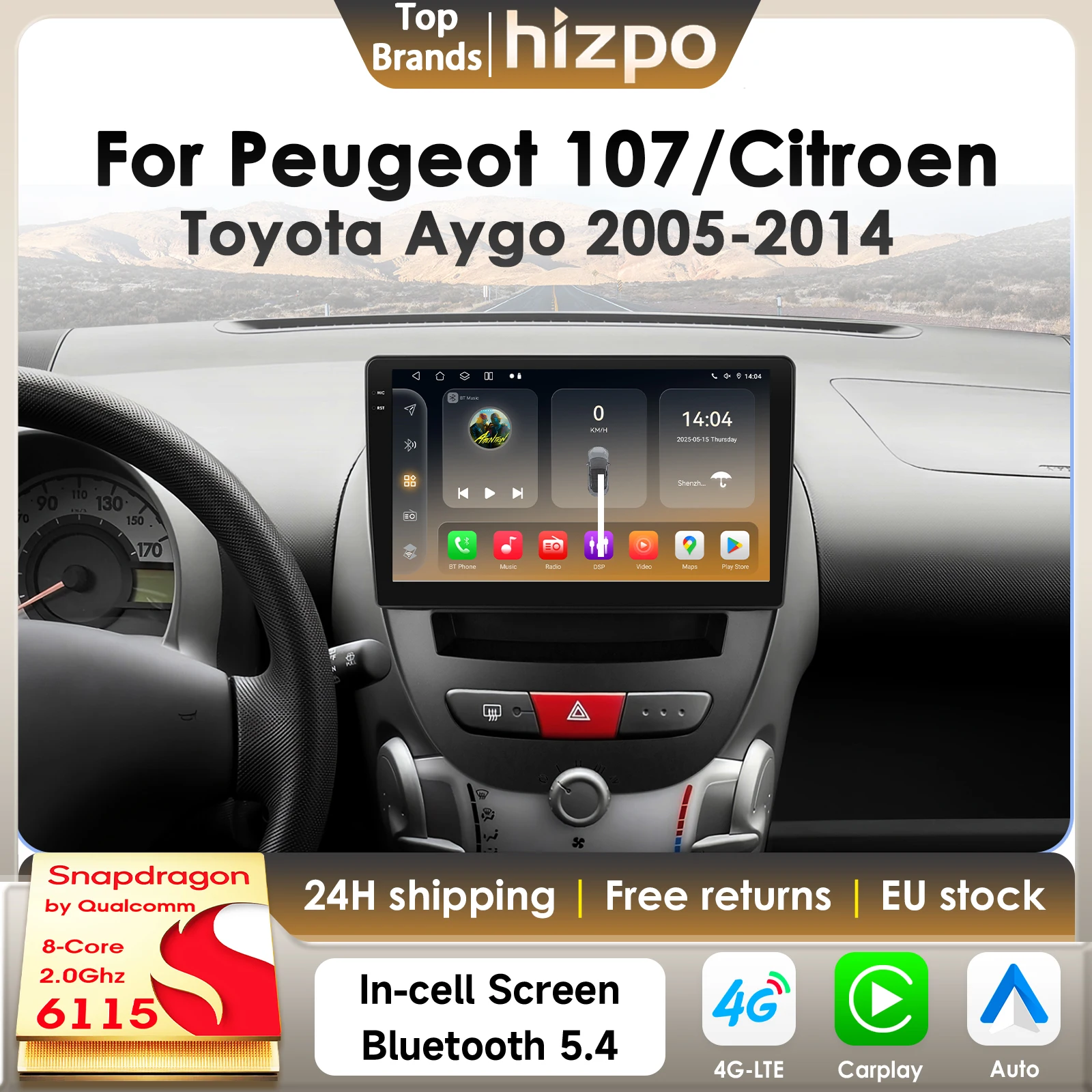 Autoradio Hizpo 360Camera CarPlay Android per Peugeot 107 Toyota Aygo Citroen C1, lettore multimediale per auto, navigatore GPS 2din 4G, autoradio RDS