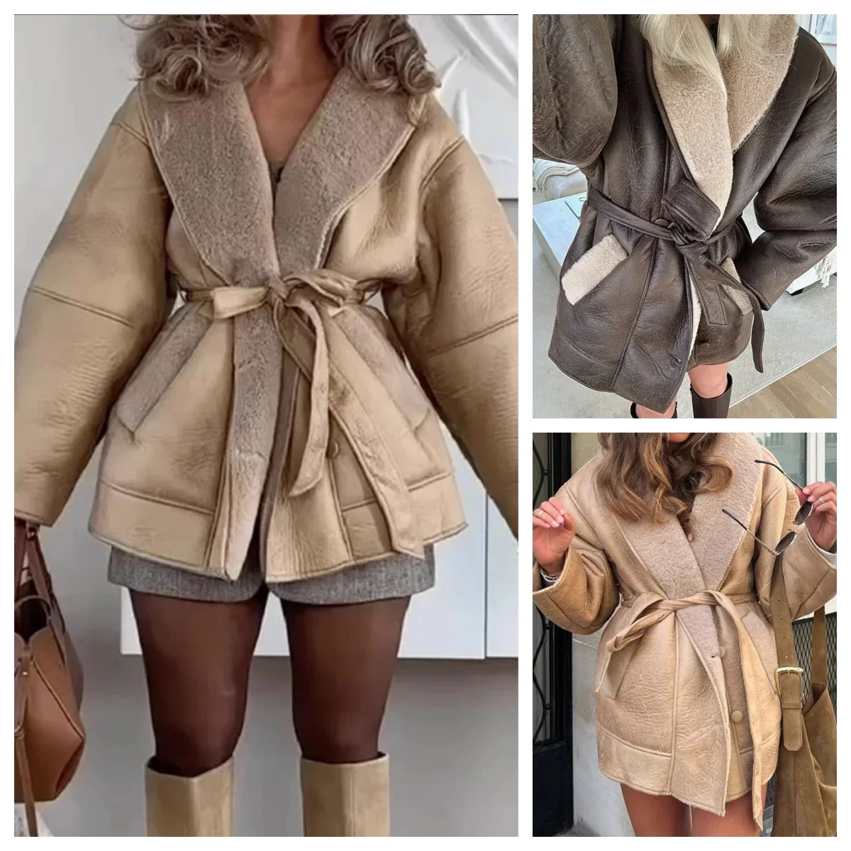 

Fashion Woolen Lined Leather Pocket Patchwork Jacket Women Casual Long Sleeve Belt Lapel Coat Autumn Winter New Warm Streetwear