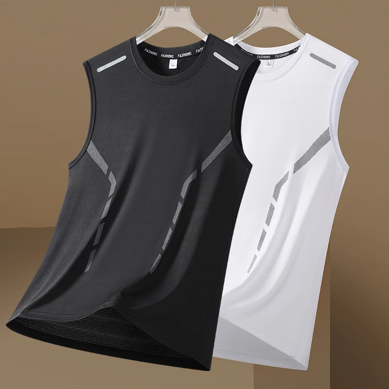 الجليد الحرير سترة الصيف الرياضة زي كرة السلة التجفيف السريع الرجال تشغيل عادية رقيقة تنفس رجل قميص بدون أكمام سترات