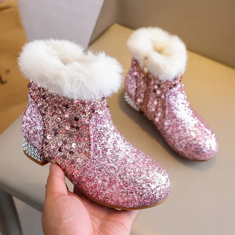 Girls Sequin Princess Ankle Boots, Winter Fleece Lined Dress Boots Fluffy Fur Trim Rhinestone Low Heel, Side Zipper Party Pink