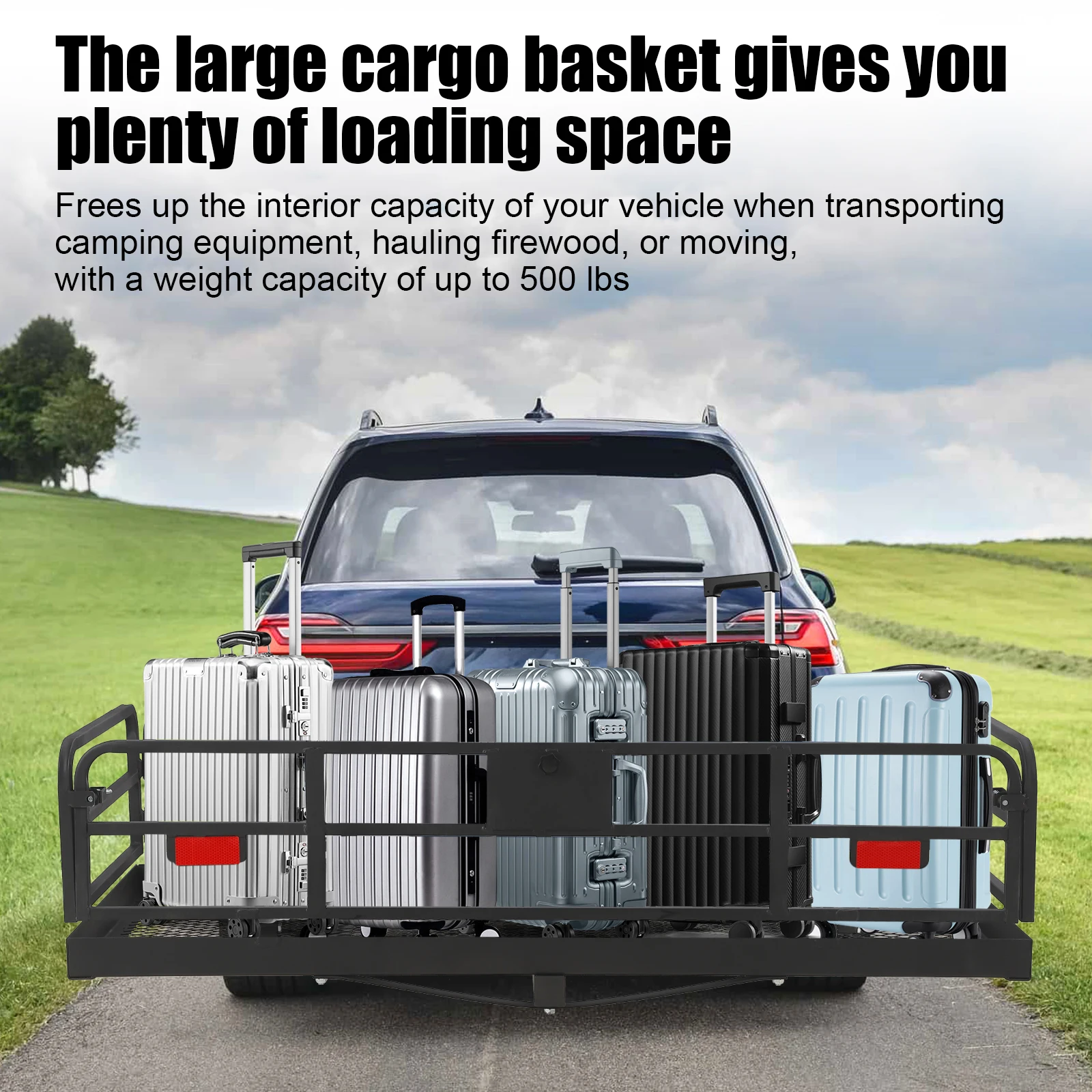 Heavy Duty 500lb Folding Hitch Cargo Carrier Basket – 60 x 24 x 14.9 inch Steel Luggage Rack – High Side Rails – Anti-Wobble Stabilizer – Fits 2