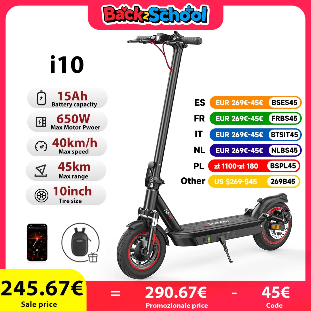 IScooter i10 Scooter elettrico 10 pollici 650W 15Ah Scooter elettrico pieghevole Kick Scooter gamma massima 45km eScooter elettrico Whit APP