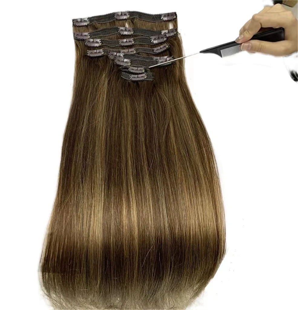 Extensiones de cabello humano con Clip, 8 unids/set, 8 unids/set/juego #4/27, Color de resaltado, pelo Remy de 8-26 pulgadas, 120G