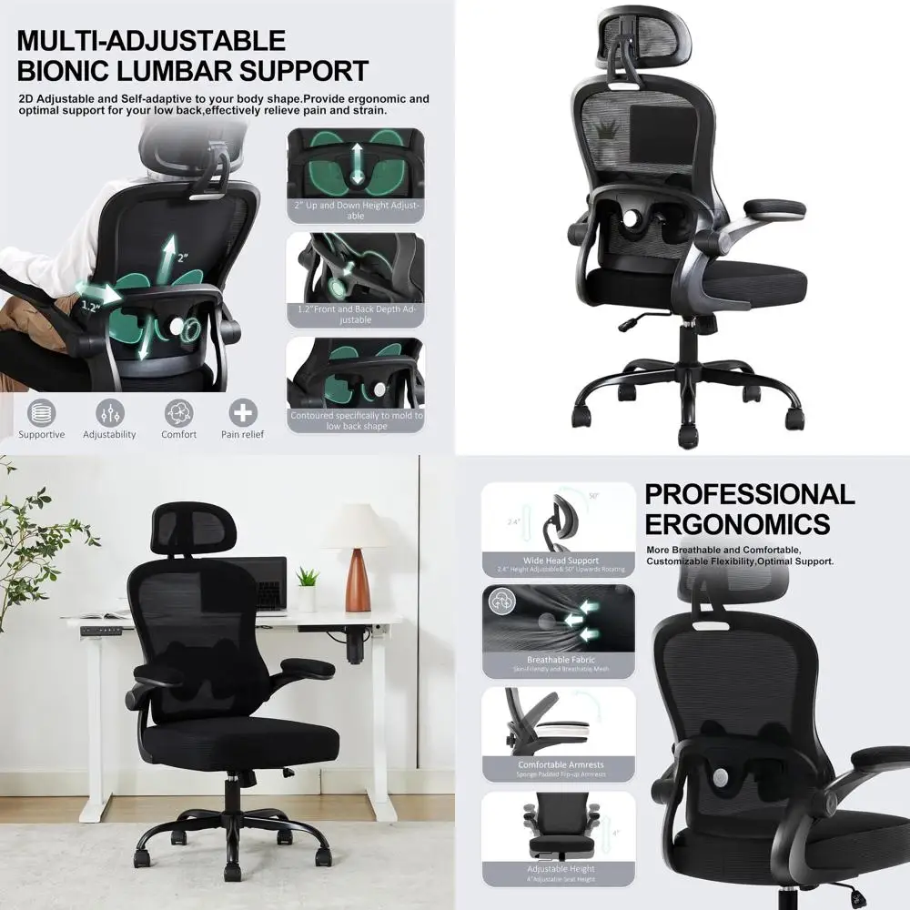 Ergonomic High-Density Office Chair with Adjustable Lumbar Support, Headrest, and Rocking Feature, Flip-Up Arms, Mesh Design for