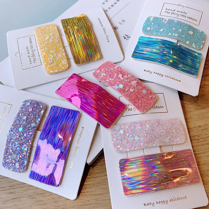 

2Pcs/bag Korean Glitter Laser Glossy Bangs Hairpin Magic Color Colorful Rectangular Aurora Edge Clip Children's Bangs Headdress
