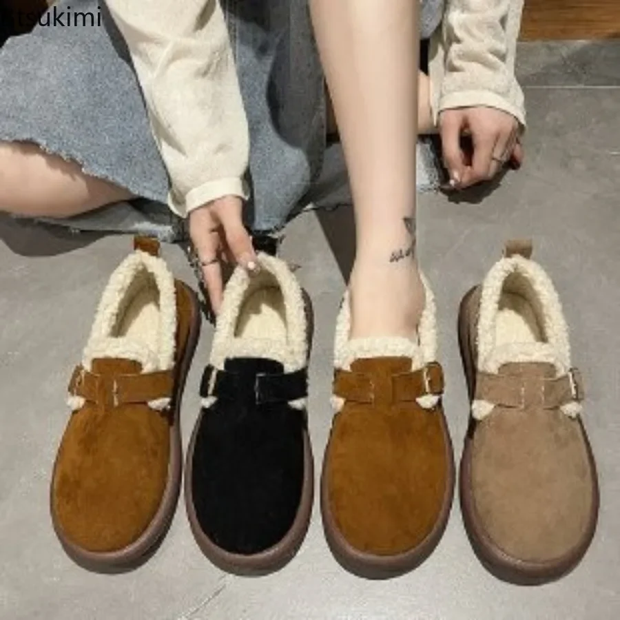 

New 2025 Women's Shallow Mouth Casual Shoes Round Toe Plush Warm Footwear Belt Buckle Comfortable Outdoor Flat Pumps for Woman