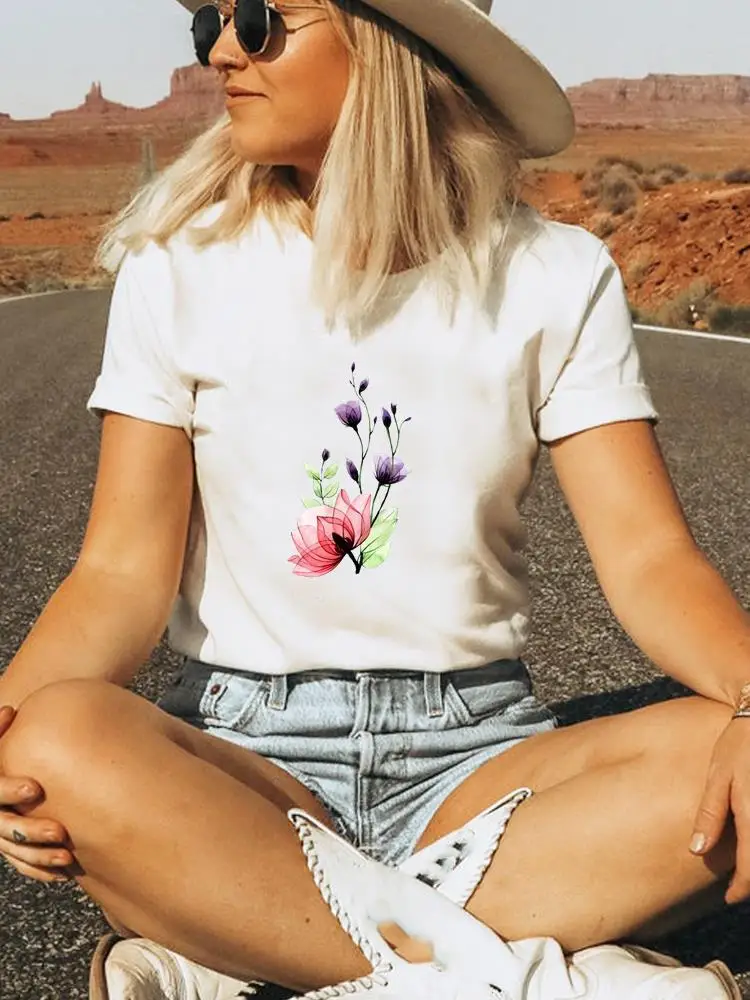 

Tee Top Fashion Women Short Sleeve Print Tshirt Graphic T-shirts Summer Spring Printing Flower Sweet 90s Style Clothing