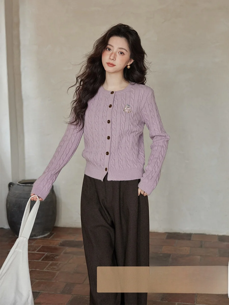 

Elegant Purple Open Cardigan Sweater Korean Style Winter Fashion for Small Figures Unique Beautiful High-End Feelings by Ximen