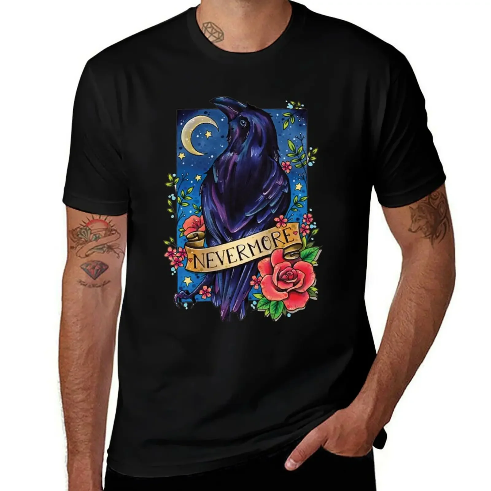 Nevermore Raven and Scroll watercolor design T-Shirt for a boy vintage Aesthetic clothing shirts men