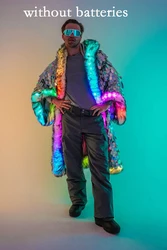 New Silver Sequin Faux Fur Jacket Patchwork LED Luminous Costume Applicable To Multiple Scenarios Men's Faux Fur Coat