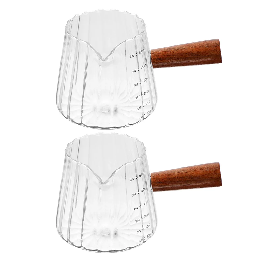 

2pcs Milk Measuring Cup Wooden Handle Glass Pitcher For Coffee Cream Syrup Butter Kitchen Use Clear Milk Jug Scale Design