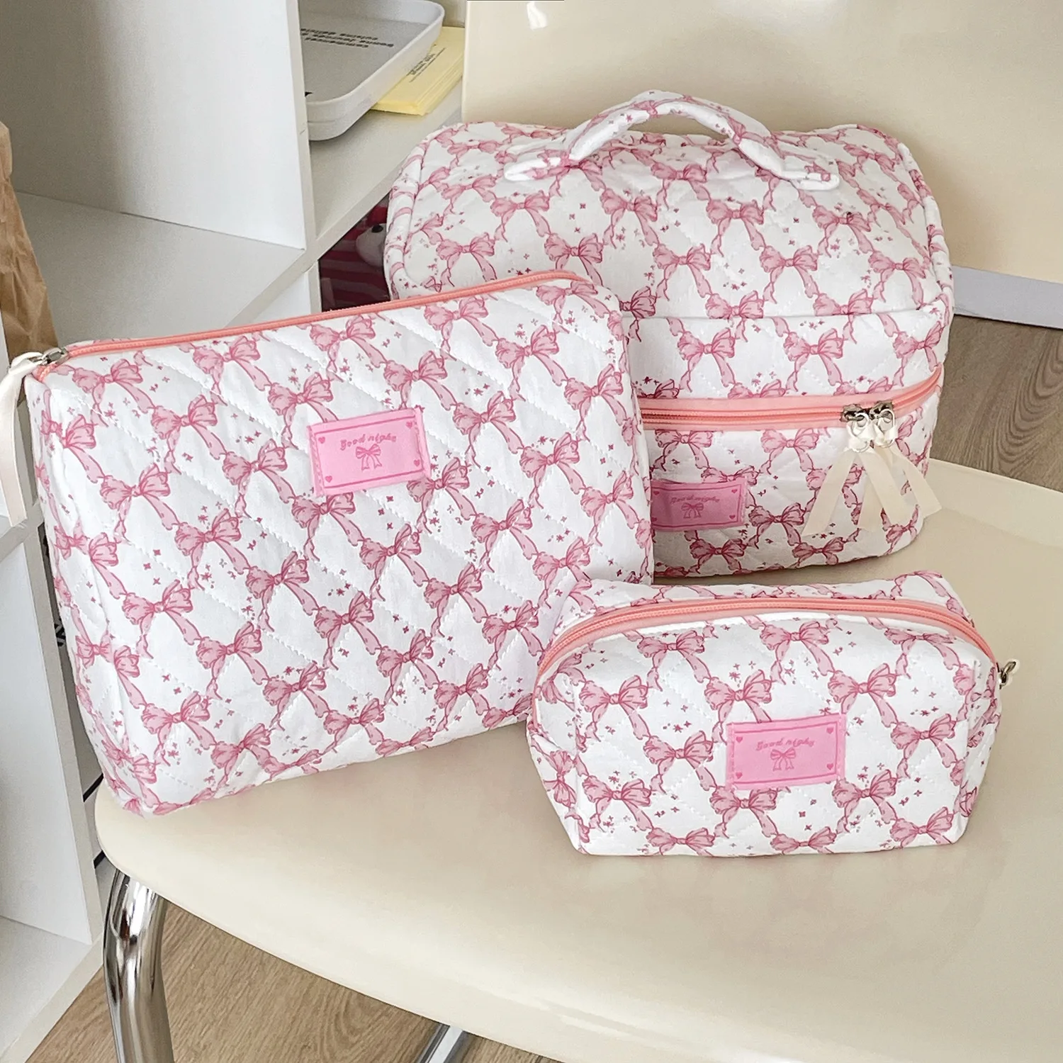 New Kawaii Pink Bowknot Women Cosmetic Quilted Bag Large Capacity Toiletry Makeup Storage Handbag Pouch Mermaid Zipper Bags